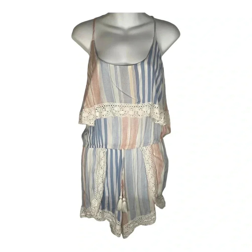 NWT‎ Ocean Drive Striped Crochet Accent Romper Small